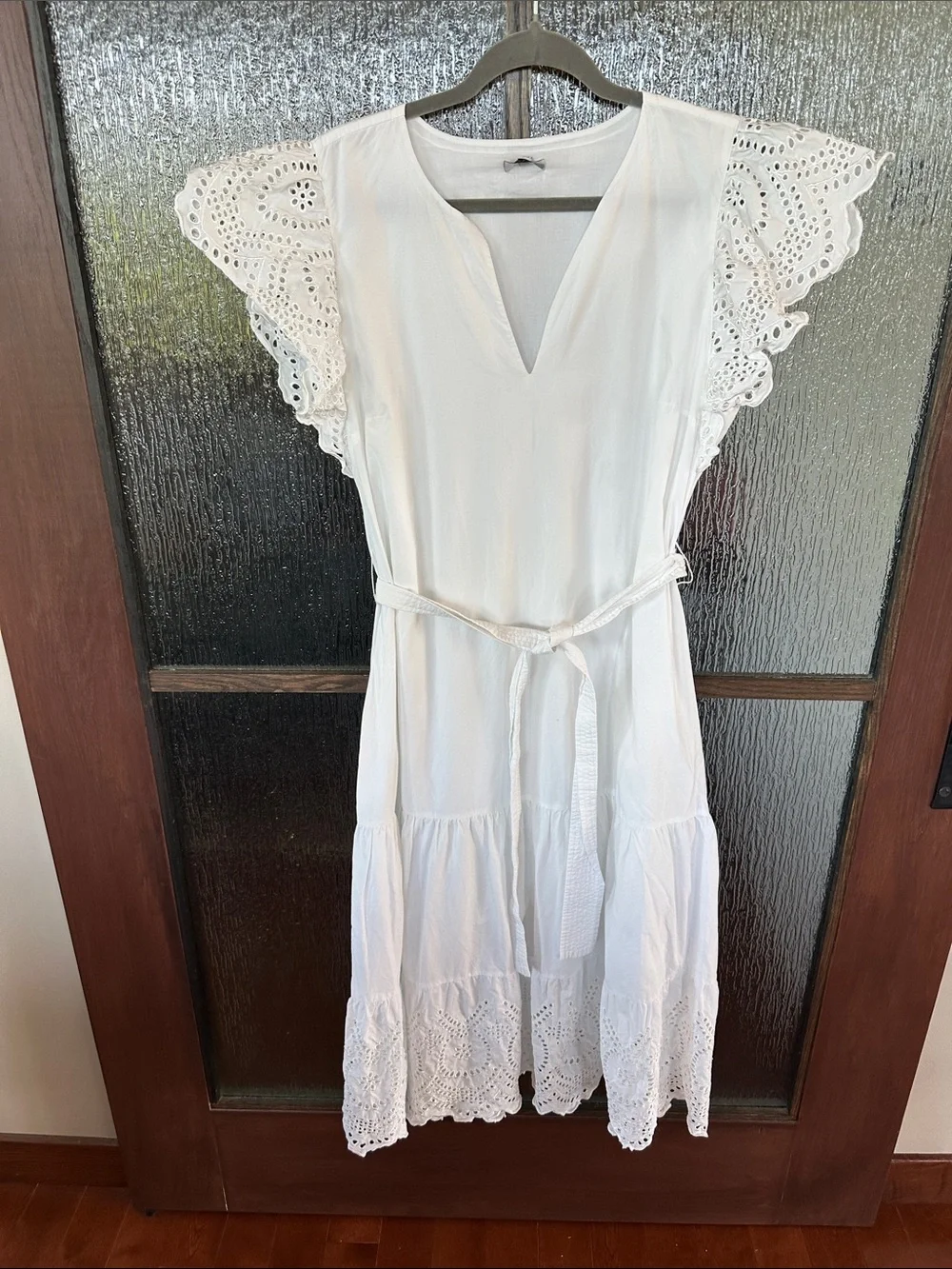 Rails Gia Dress Women's White Eyelet Midi Dress with Tie Waist Sz L